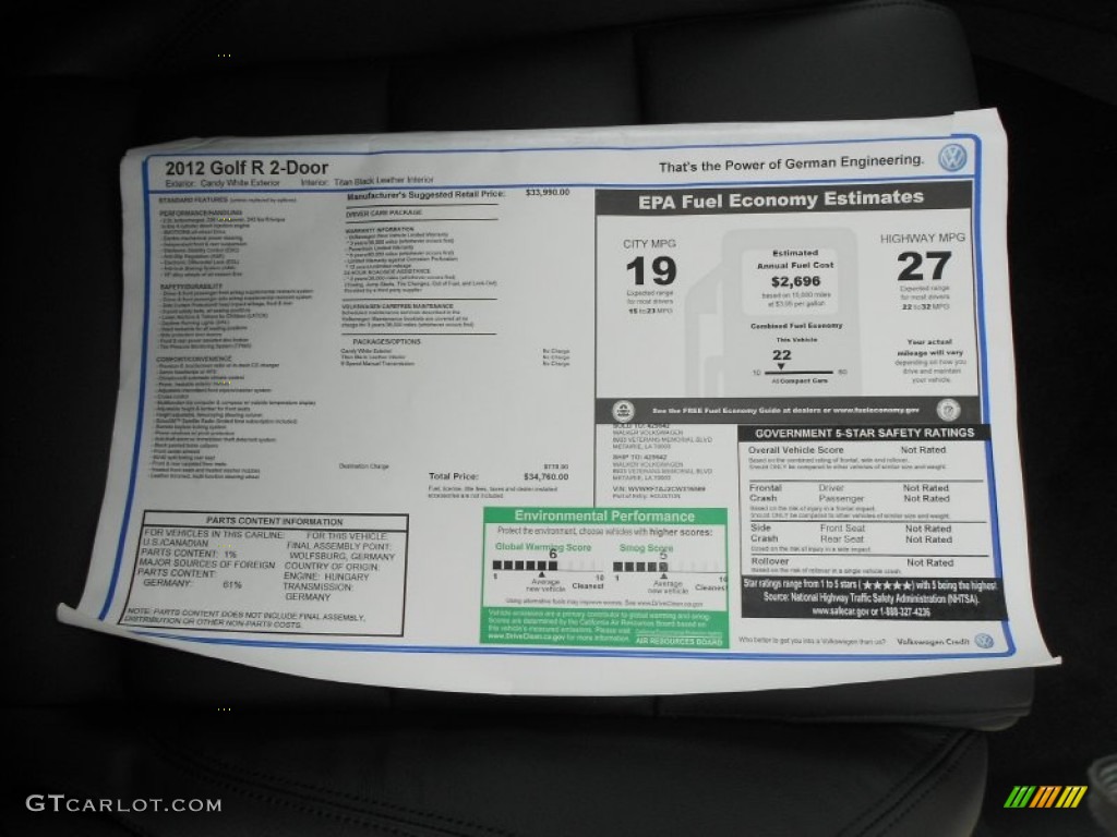 2012 Volkswagen Golf R 2 Door 4Motion Window Sticker Photo #66507207