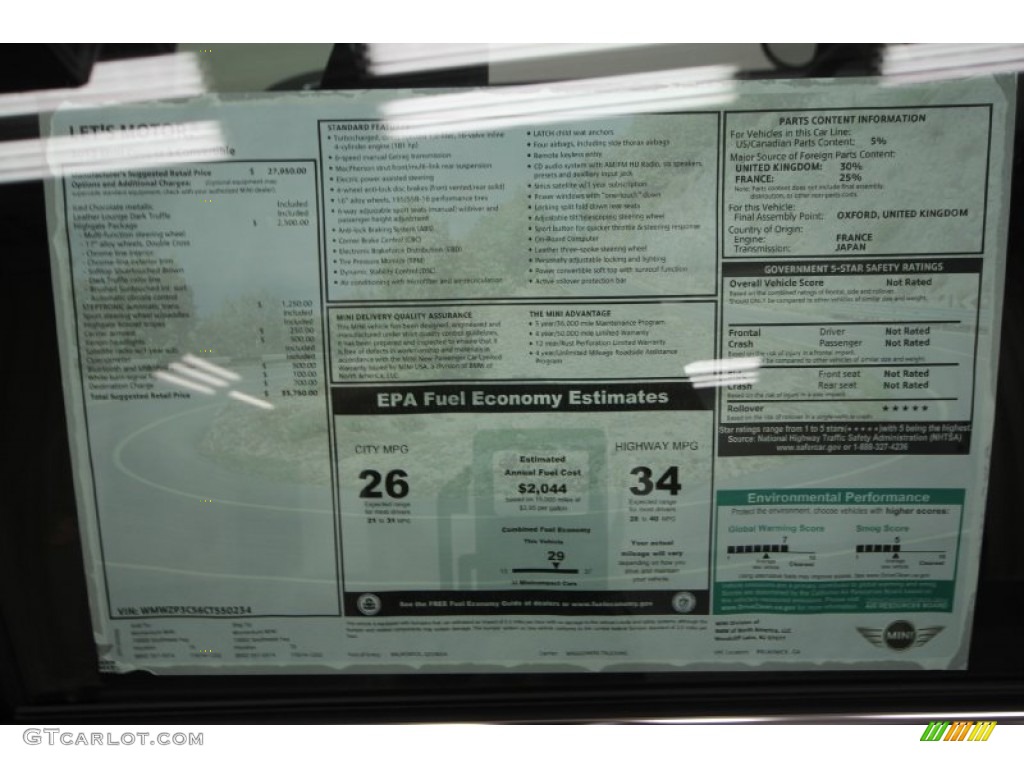2012 Mini Cooper S Convertible Highgate Package Window Sticker Photo #66511374