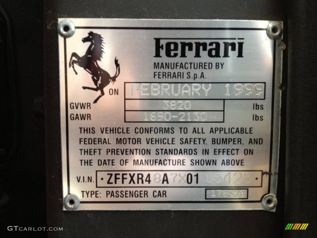 1999 Ferrari 355 F1 Spider Info Tag Photo #66514248