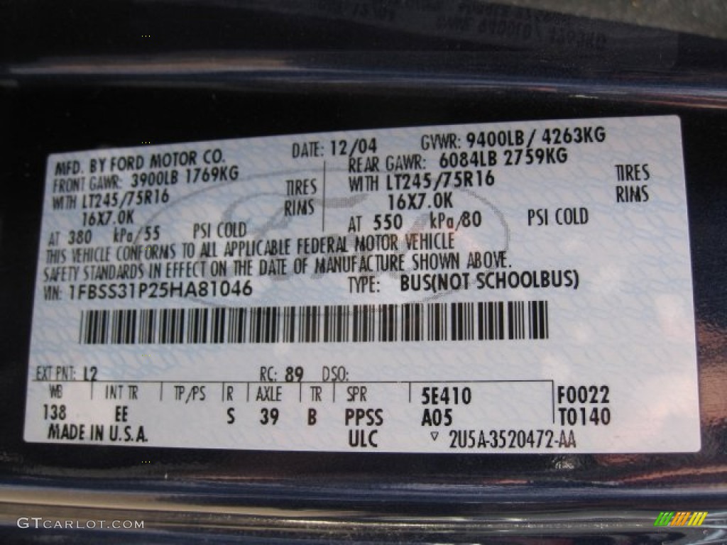 2005 Ford E Series Van E350 Super Duty XLT Extended Passenger Color Code Photos