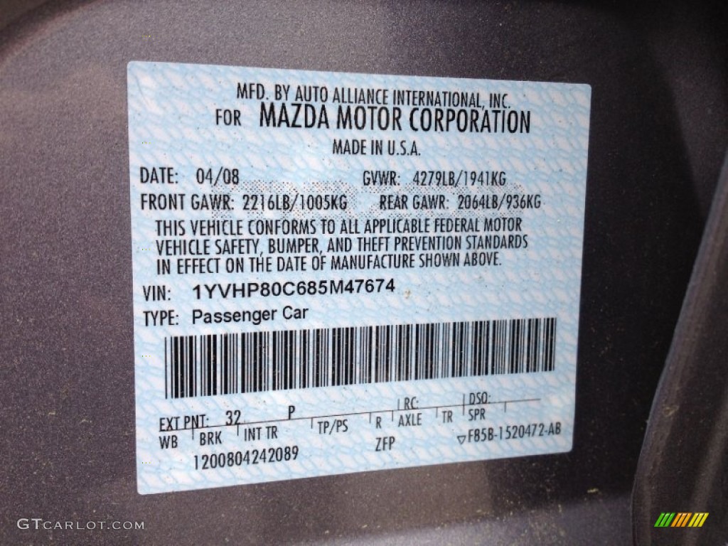 2008 MAZDA6 Color Code 32P for Tungsten Gray Metallic Photo #66517071