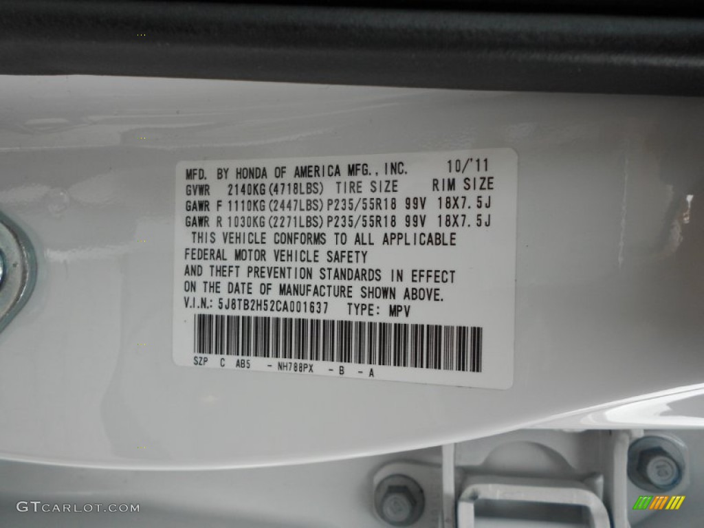 2012 RDX Color Code NH788PX for Bellanova White Pearl Photo #66521550