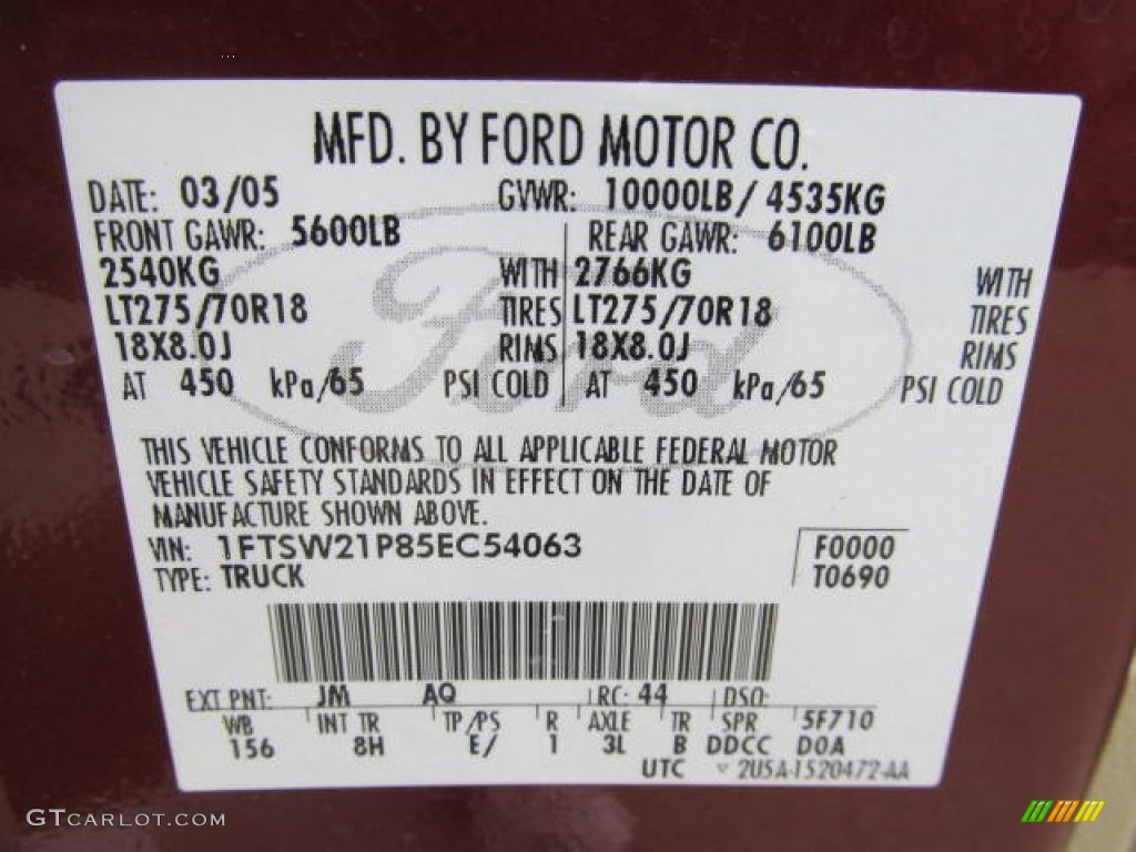 2005 F250 Super Duty Color Code JM for Dark Toreador Red Metallic Photo #66535509