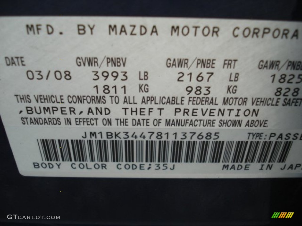 2008 MAZDA3 Color Code 35J for Stormy Blue Mica Photo #66538458