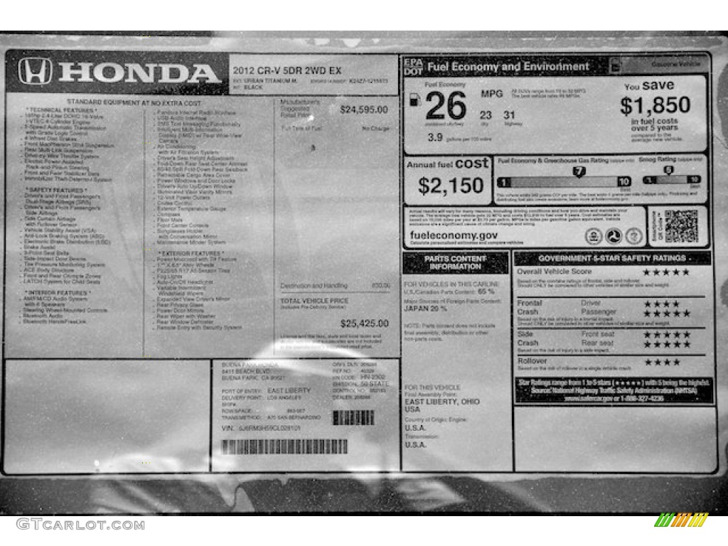 2012 Honda CR-V EX Window Sticker Photo #66545043