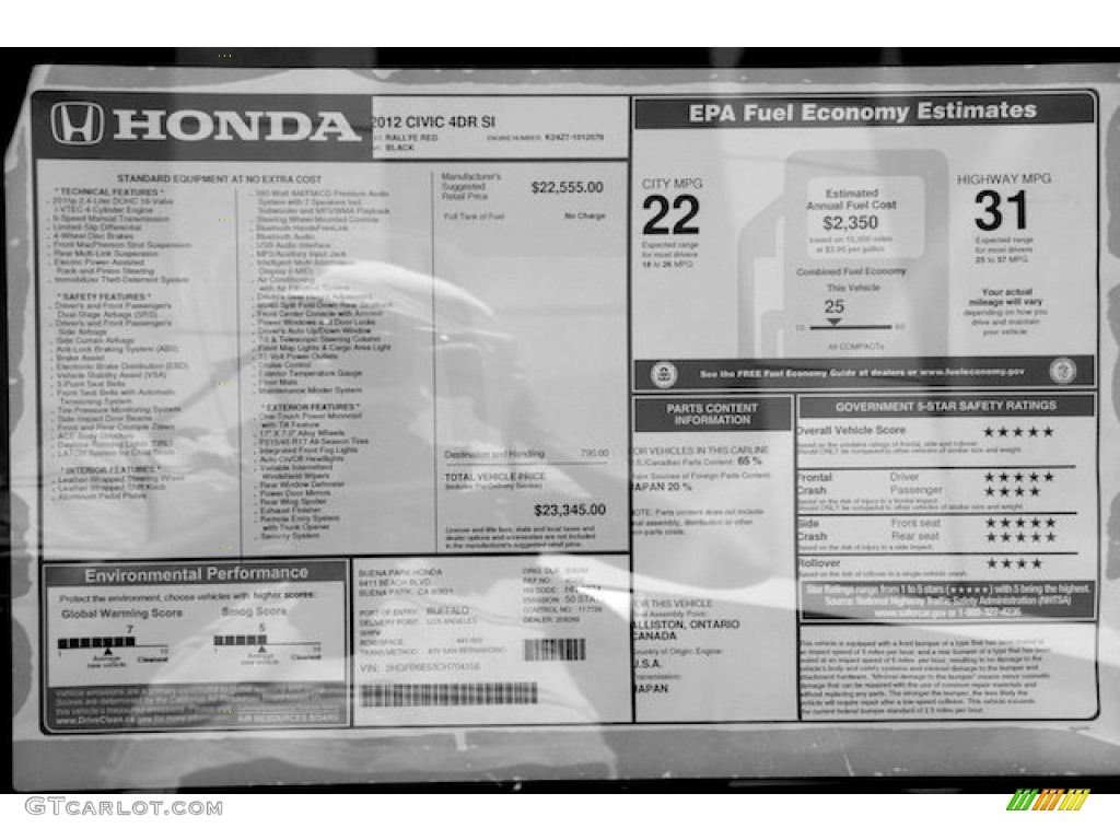 2012 Honda Civic Si Sedan Window Sticker Photo #66545508