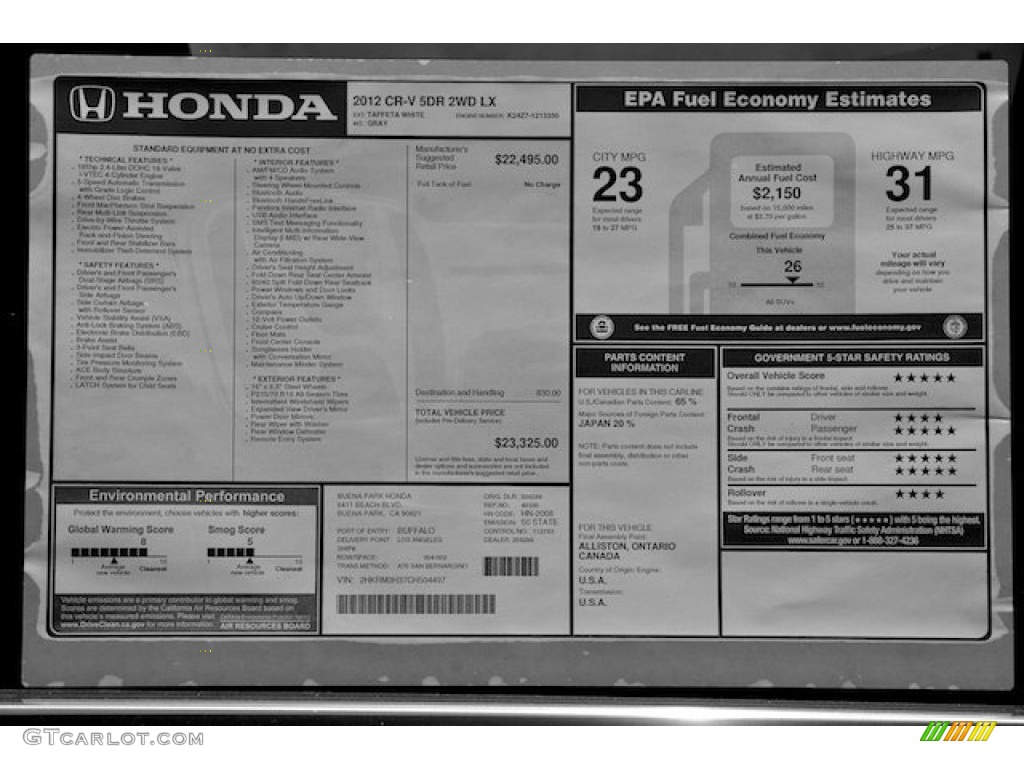 2012 CR-V LX - Taffeta White / Gray photo #20