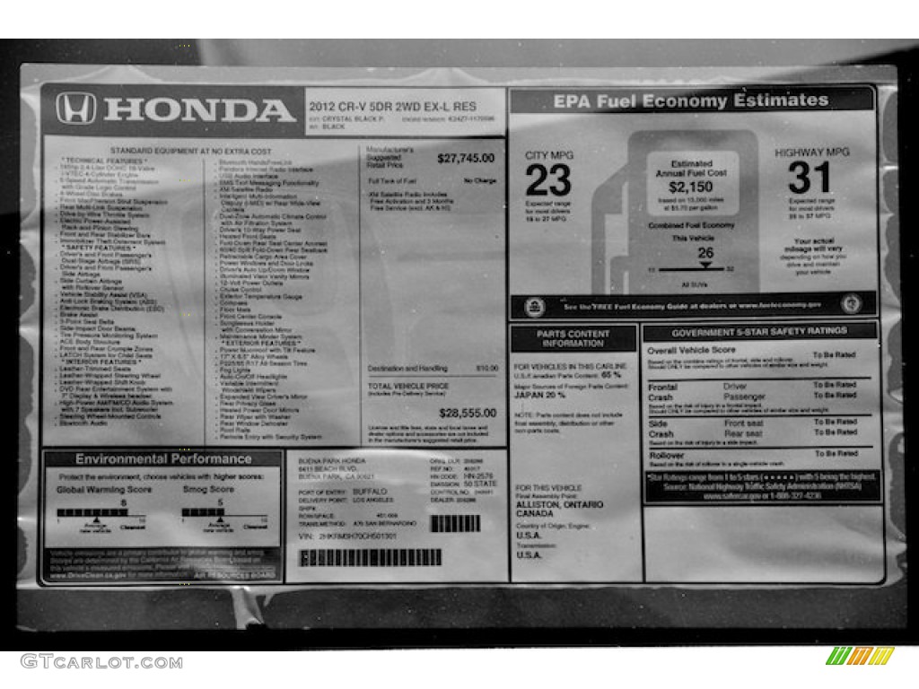 2012 Honda CR-V EX-L Window Sticker Photo #66546156