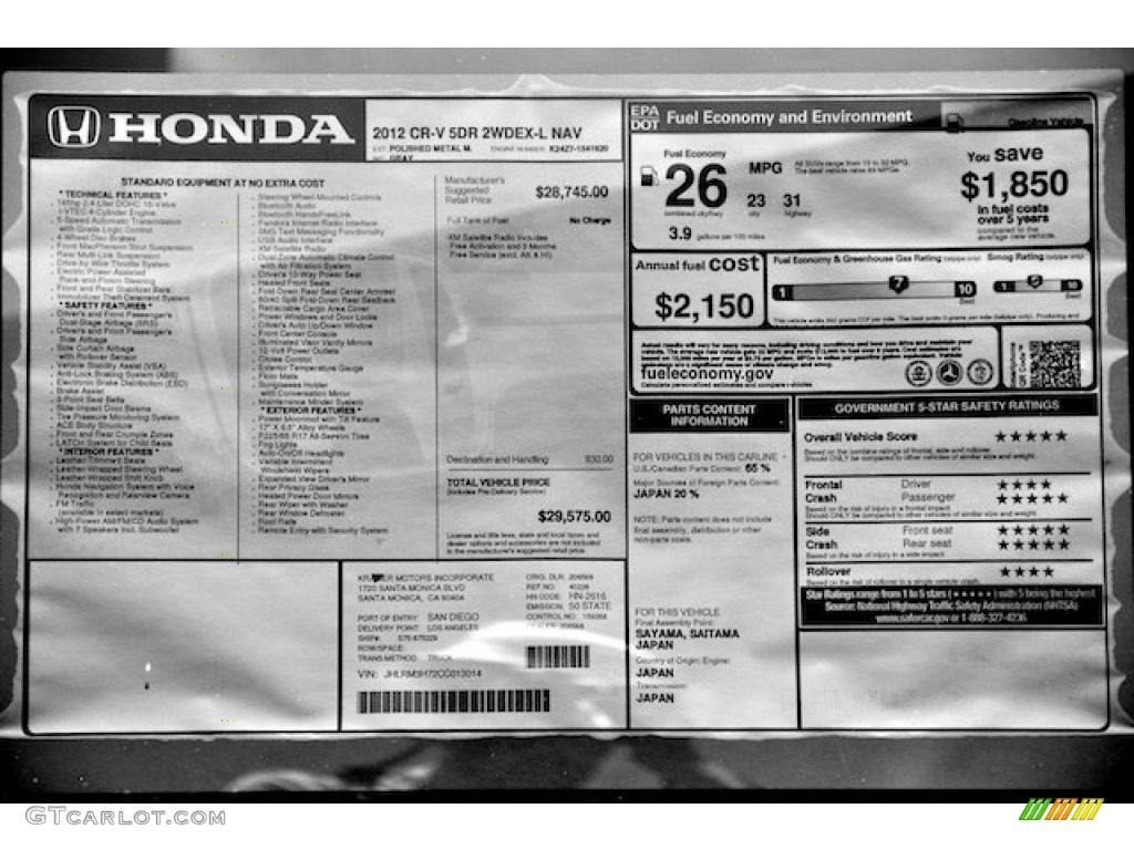 2012 Honda CR-V EX-L Window Sticker Photo #66546795