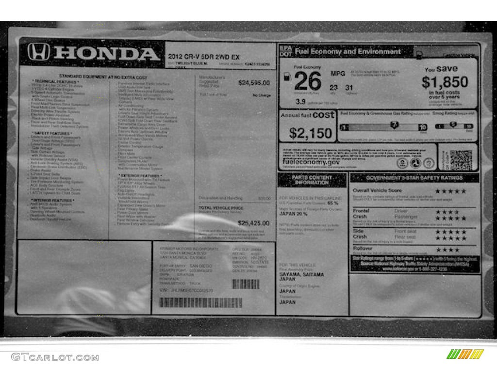 2012 Honda CR-V EX Window Sticker Photo #66547041