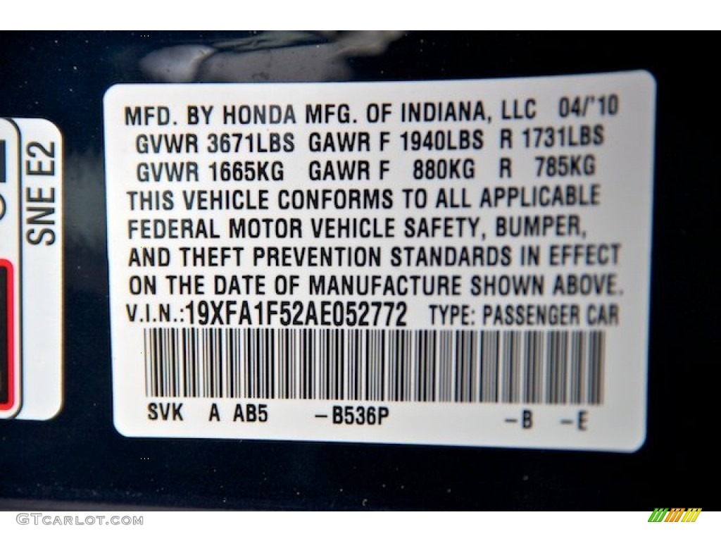 2010 Civic Color Code B536P for Royal Blue Pearl Photo #66558159