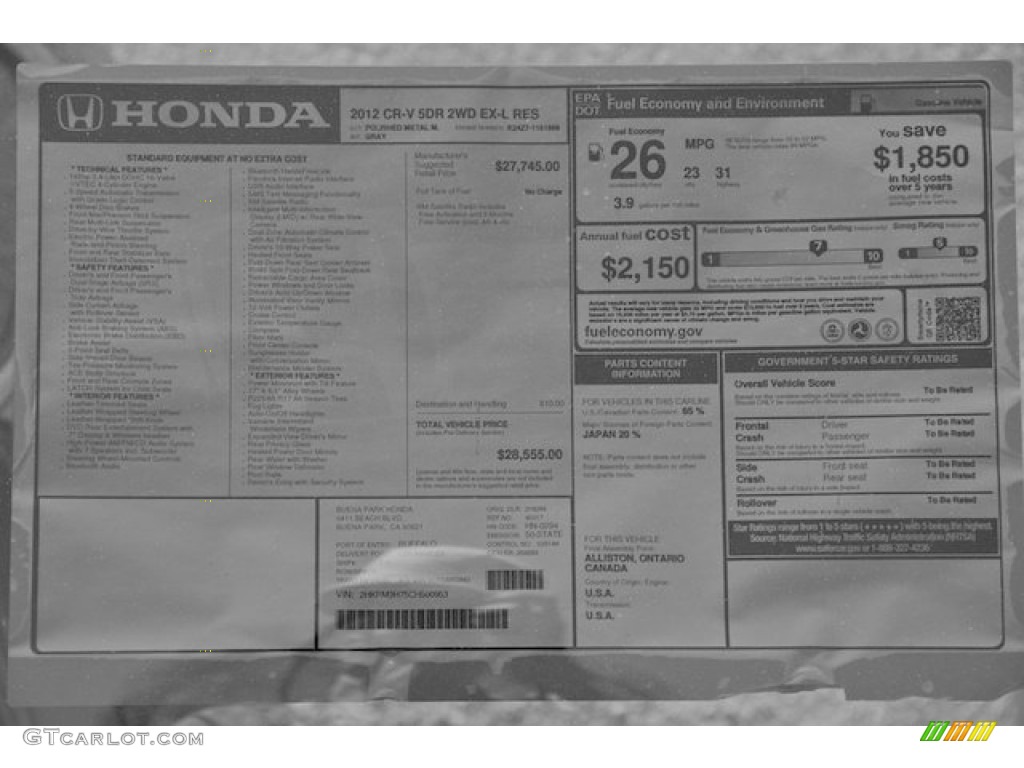 2012 Honda CR-V EX-L Window Sticker Photo #66559983