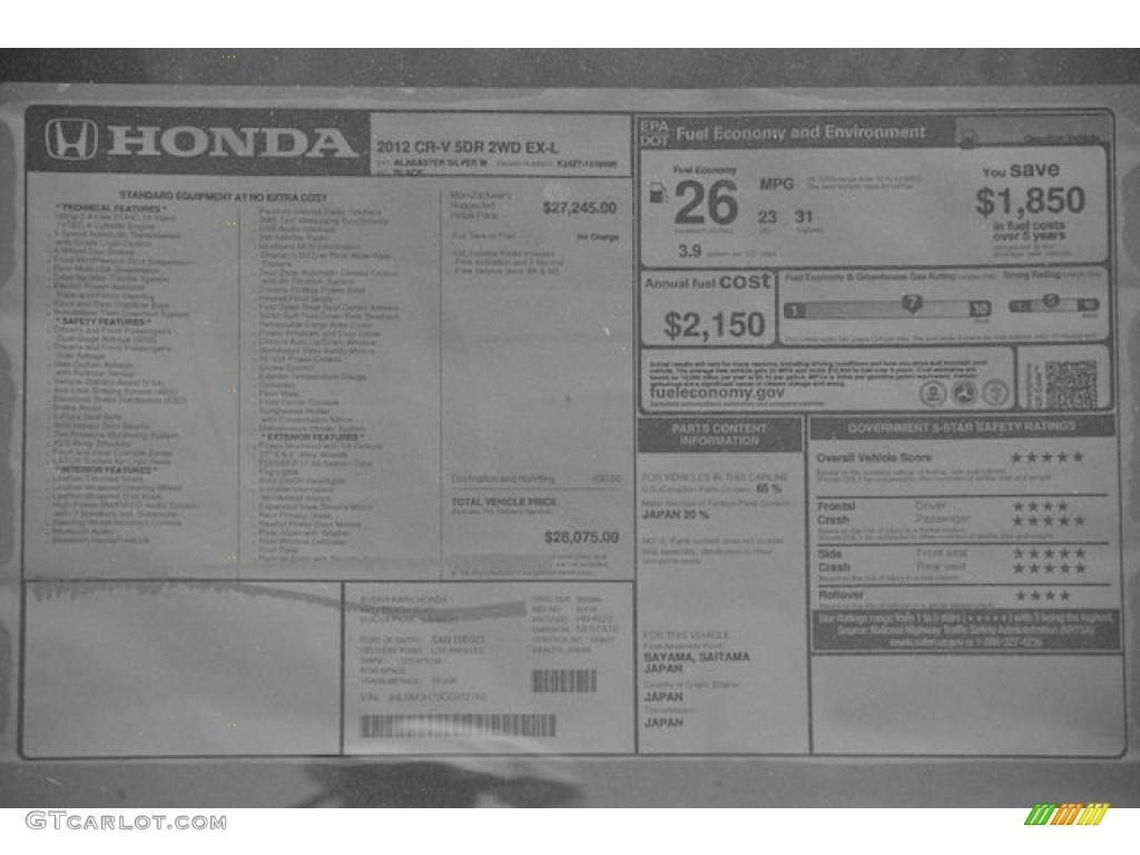 2012 Honda CR-V EX-L Window Sticker Photo #66561954