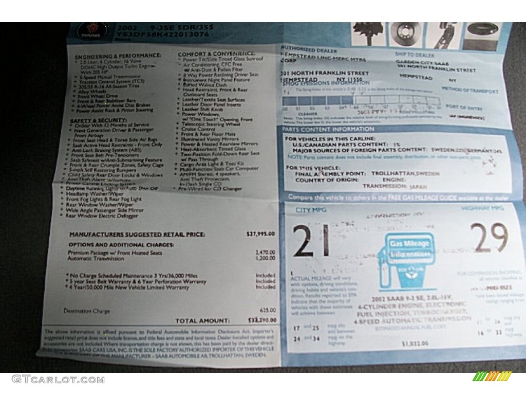 2002 Saab 9-3 SE Sedan Window Sticker Photo #66566085