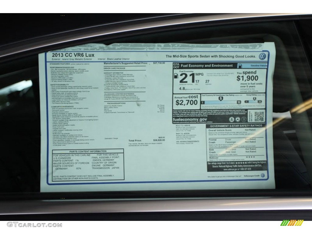 2013 Volkswagen CC V6 Lux Window Sticker Photo #66569031