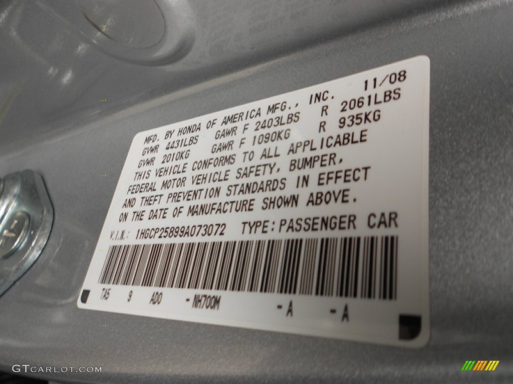 2009 Accord Color Code NH700M for Alabaster Silver Metallic Photo #66569463