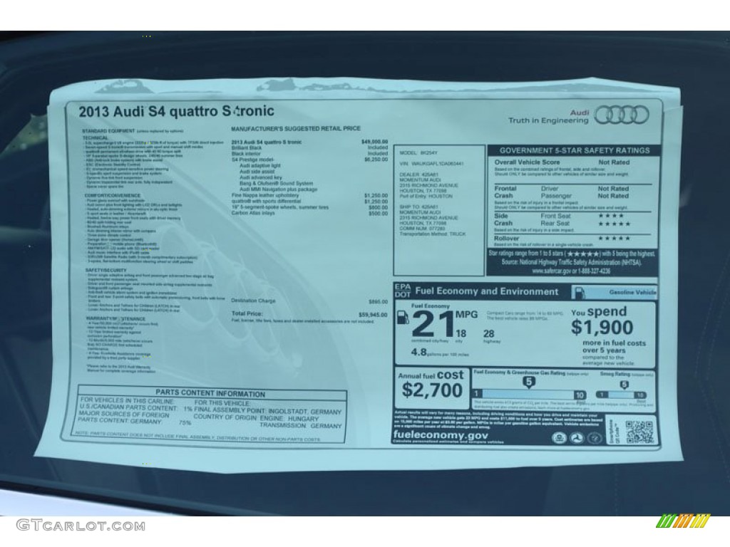 2013 Audi S4 3.0T quattro Sedan Window Sticker Photo #66572763