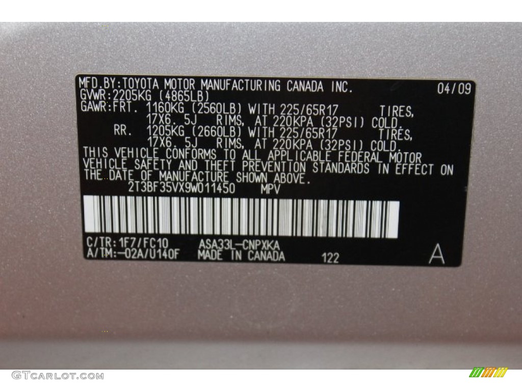 2009 RAV4 Color Code 1F7 for Classic Silver Metallic Photo #66574893