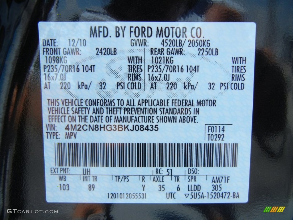 2011 Mariner Color Code UH for Tuxedo Black Metallic Photo #66575211