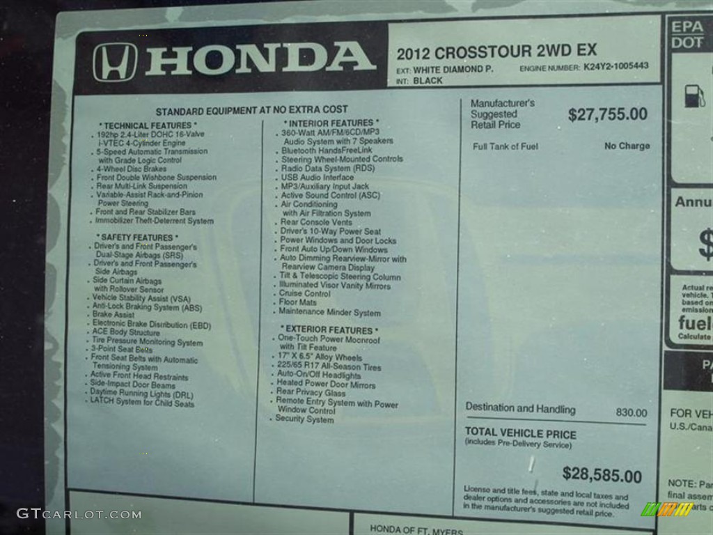 2012 Honda Accord Crosstour EX Window Sticker Photo #66587877