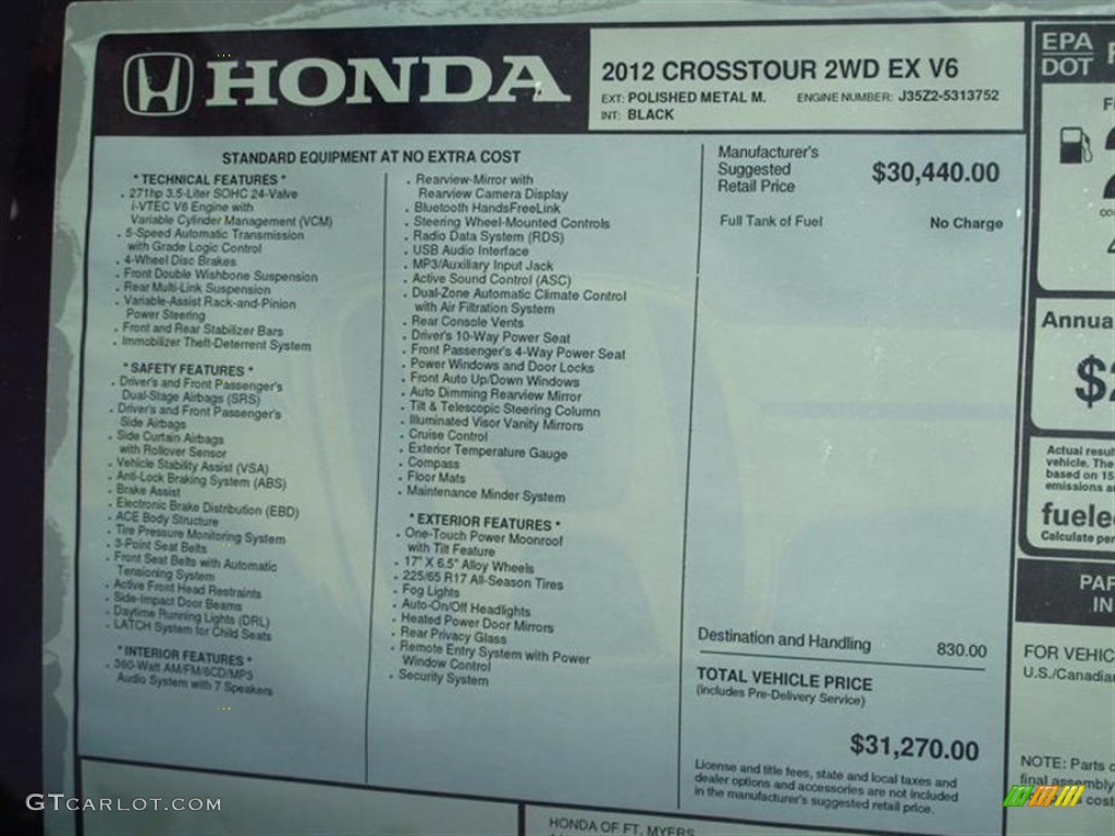2012 Honda Accord Crosstour EX Window Sticker Photo #66587979
