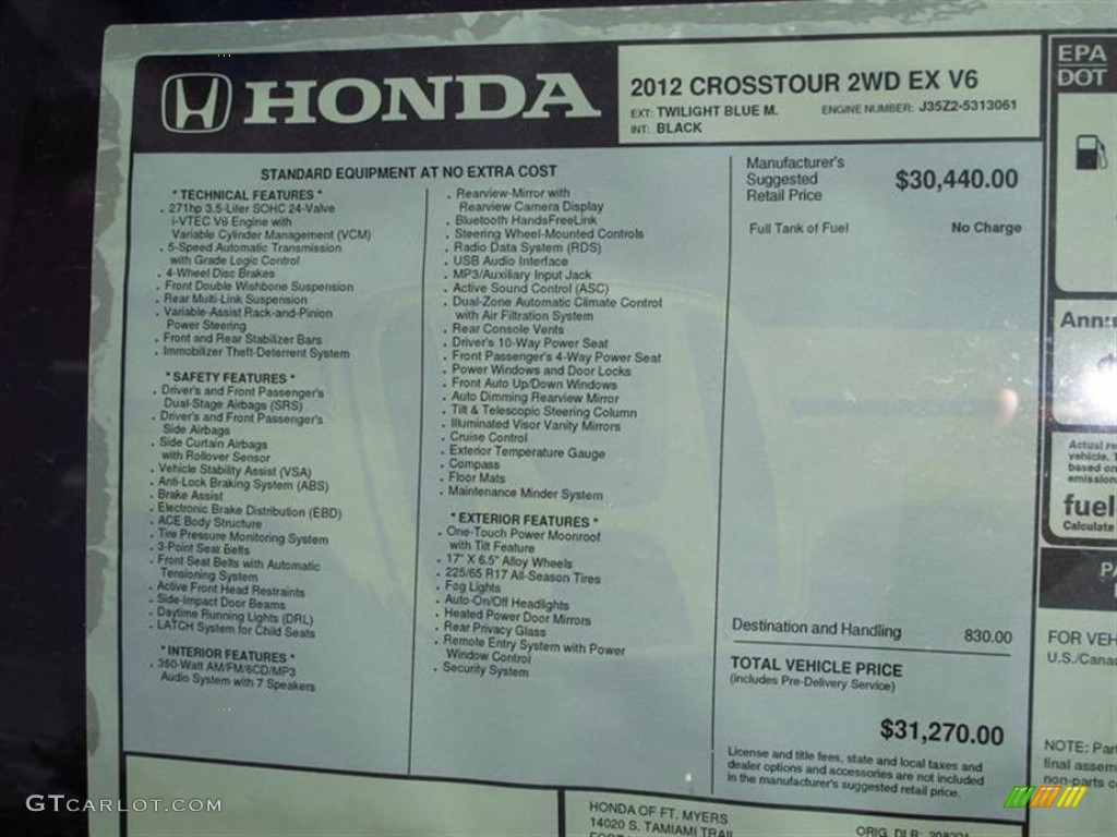 2012 Honda Accord Crosstour EX Window Sticker Photo #66588081
