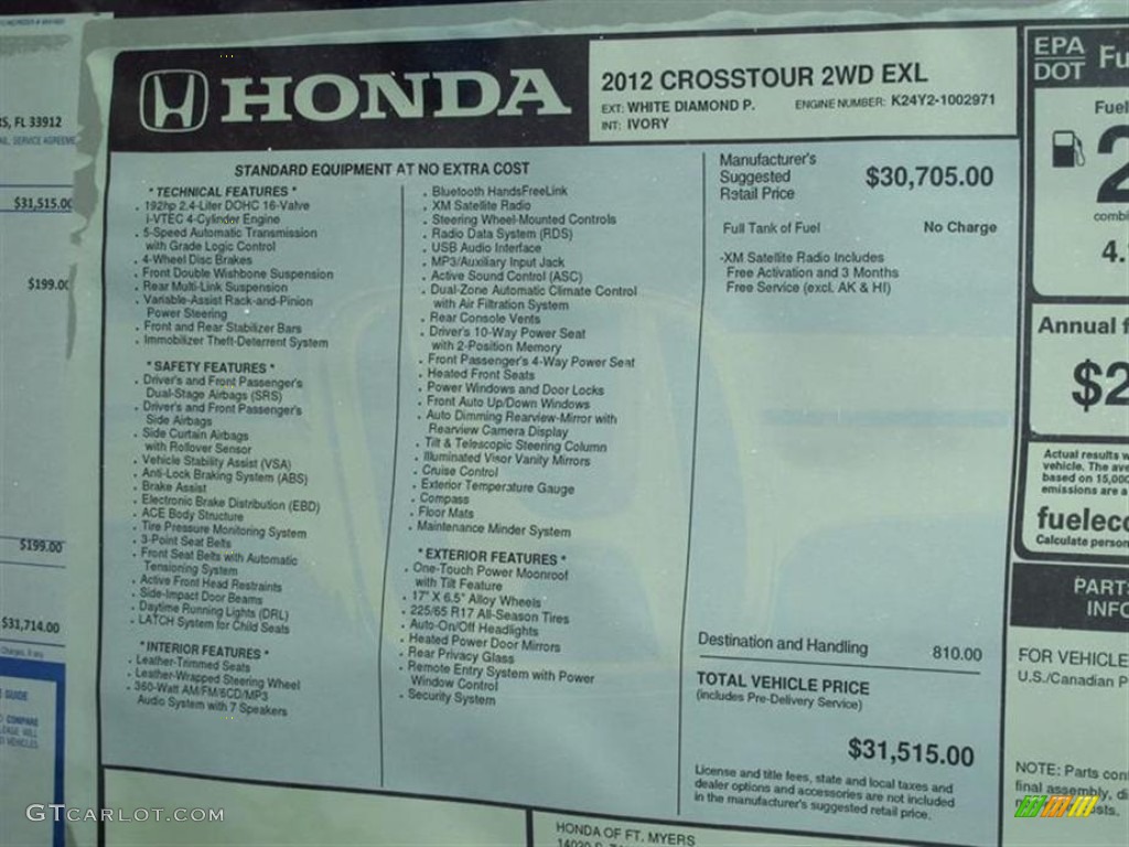 2012 Honda Accord Crosstour EX-L Window Sticker Photo #66588186