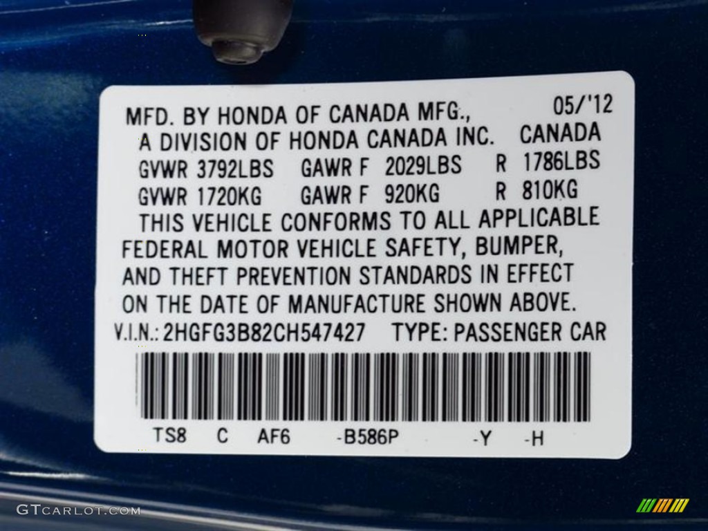 2012 Civic Color Code B586P for Dyno Blue Pearl Photo #66588294