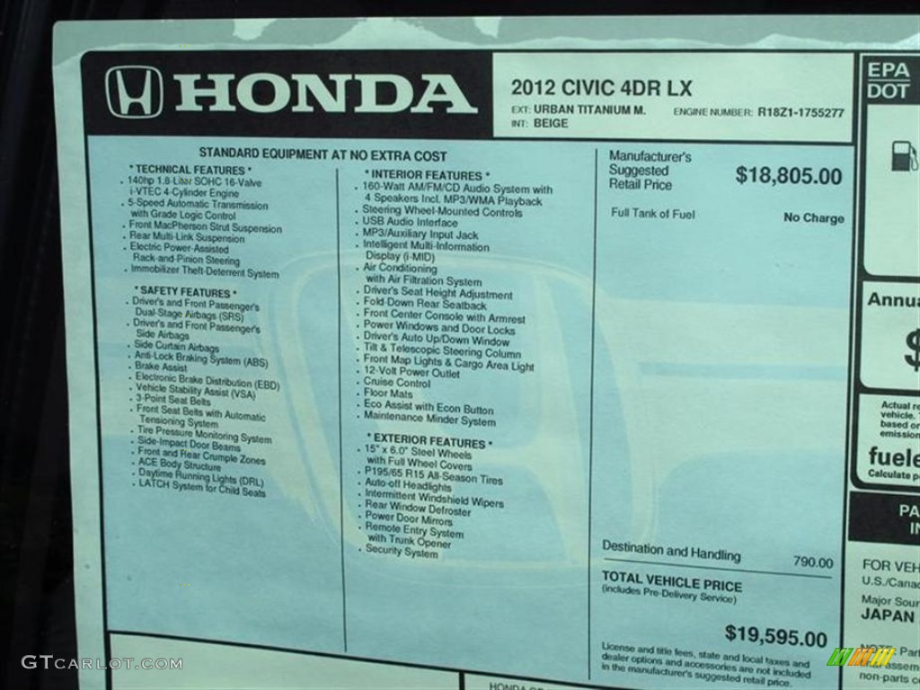 2012 Honda Civic LX Sedan Window Sticker Photo #66589242