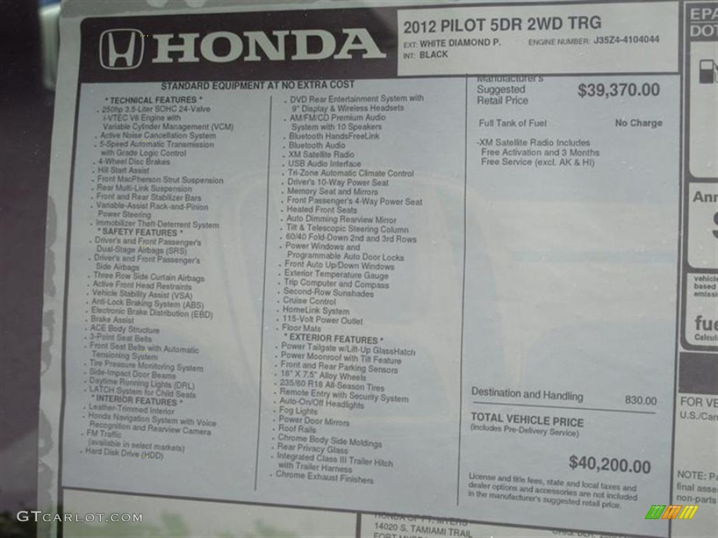 2012 Honda Pilot Touring Window Sticker Photo #66589860