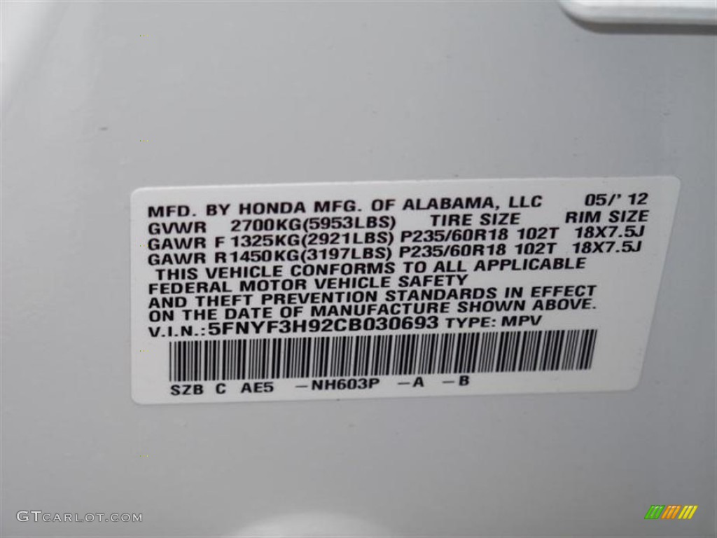 2012 Pilot Color Code NH603P for White Diamond Pearl Photo #66589869