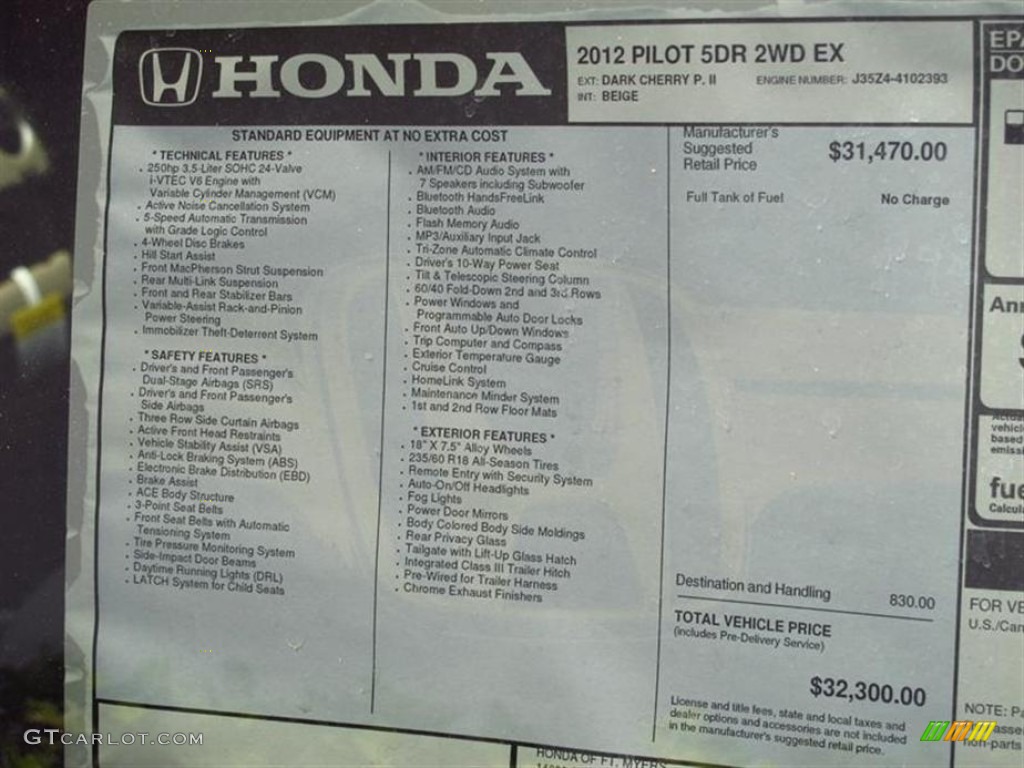 2012 Honda Pilot EX Window Sticker Photo #66589953