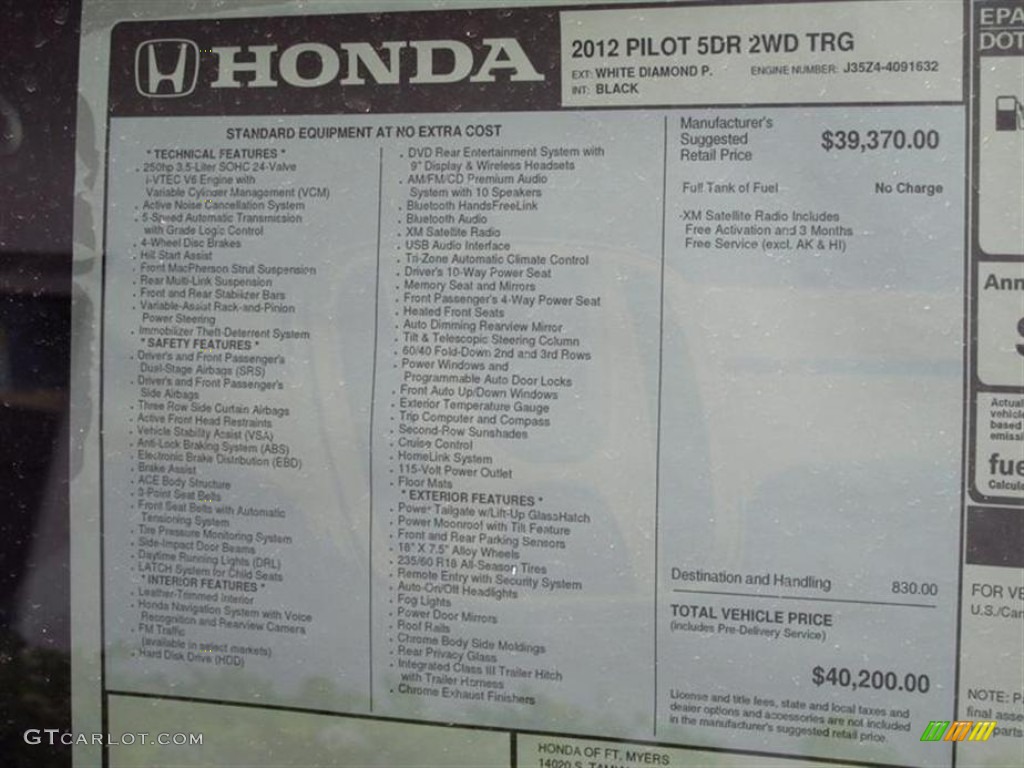 2012 Honda Pilot Touring Window Sticker Photos