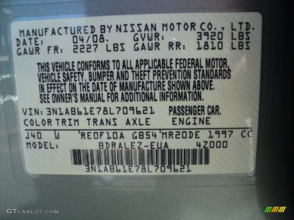 2008 Sentra Color Code J40 for Metallic Jade Green Photo #66600329