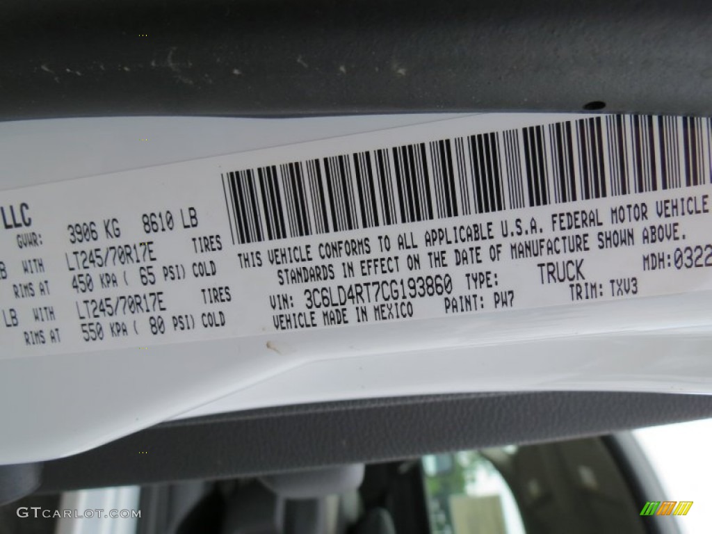 2012 Ram 1500 Color Code PW7 for Bright White Photo #66616480