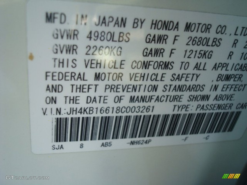 2008 RL Color Code NH624P for Premium White Pearl Photo #66642149