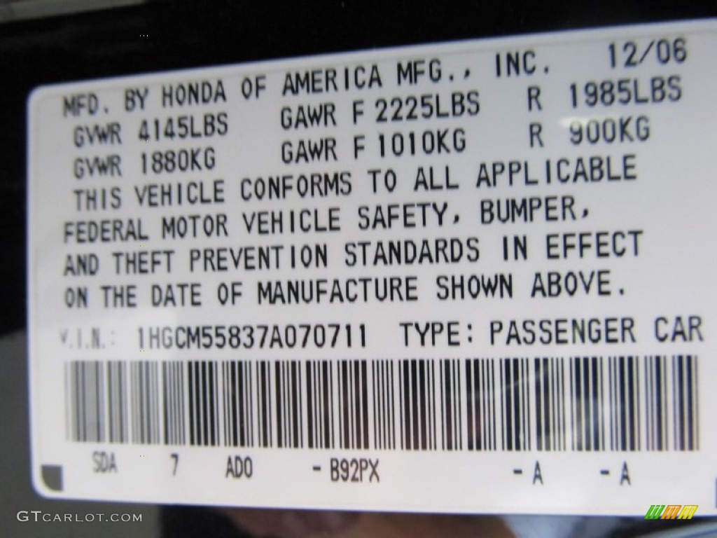 2007 Honda Accord EX-L Sedan B92PX Photo #66645932