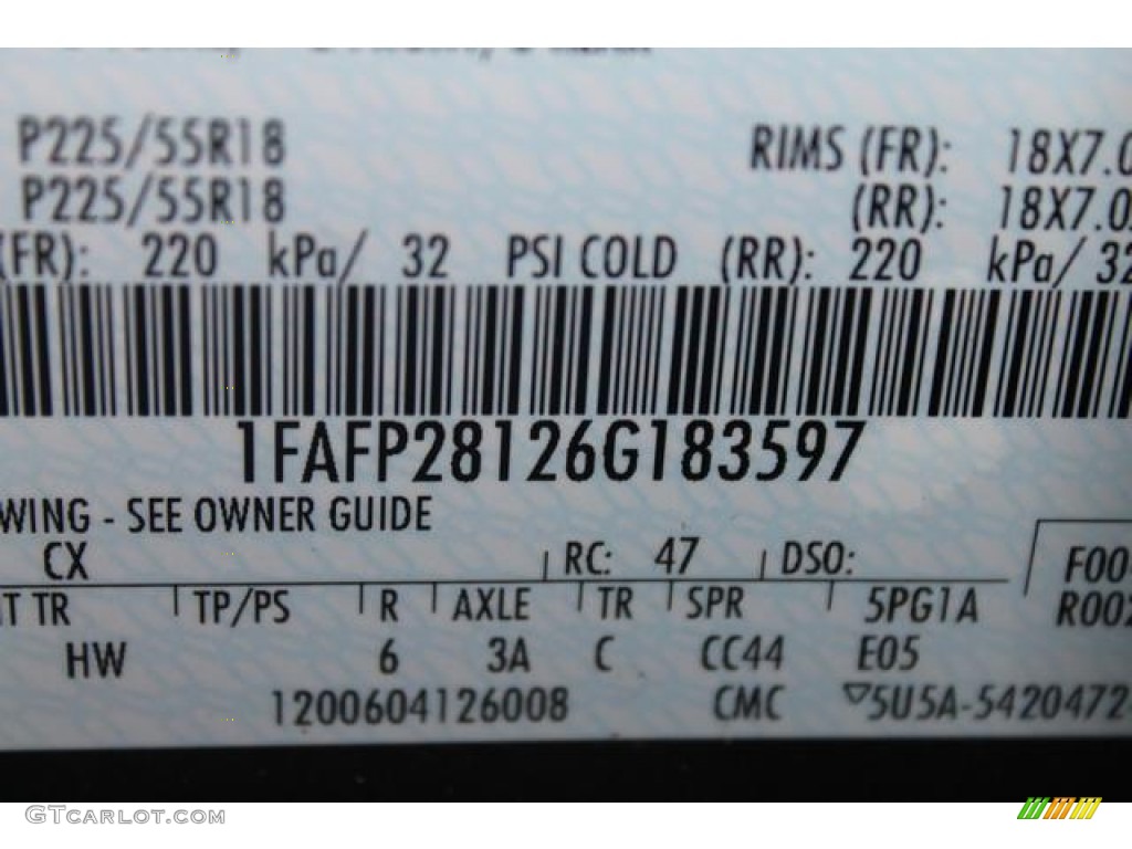 2006 Ford Five Hundred Limited AWD Color Code Photos
