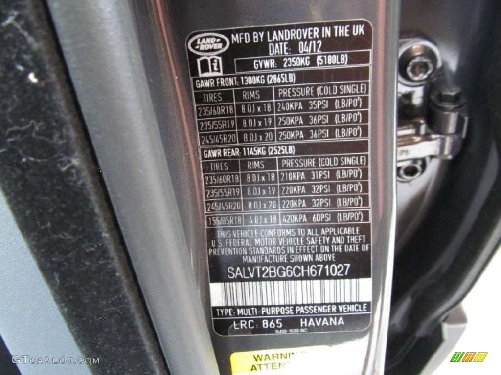 2012 Range Rover Evoque Color Code 865 for Havana Premium Metallic Photo #66661012