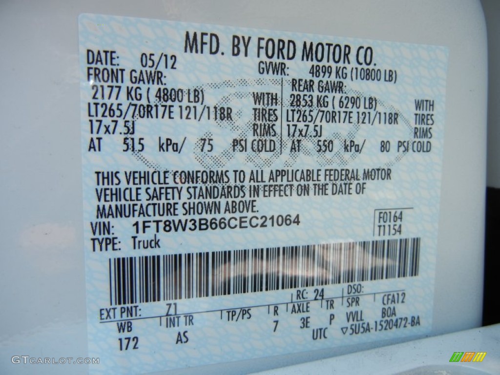 2012 F350 Super Duty Color Code Z1 for Oxford White Photo #66685367