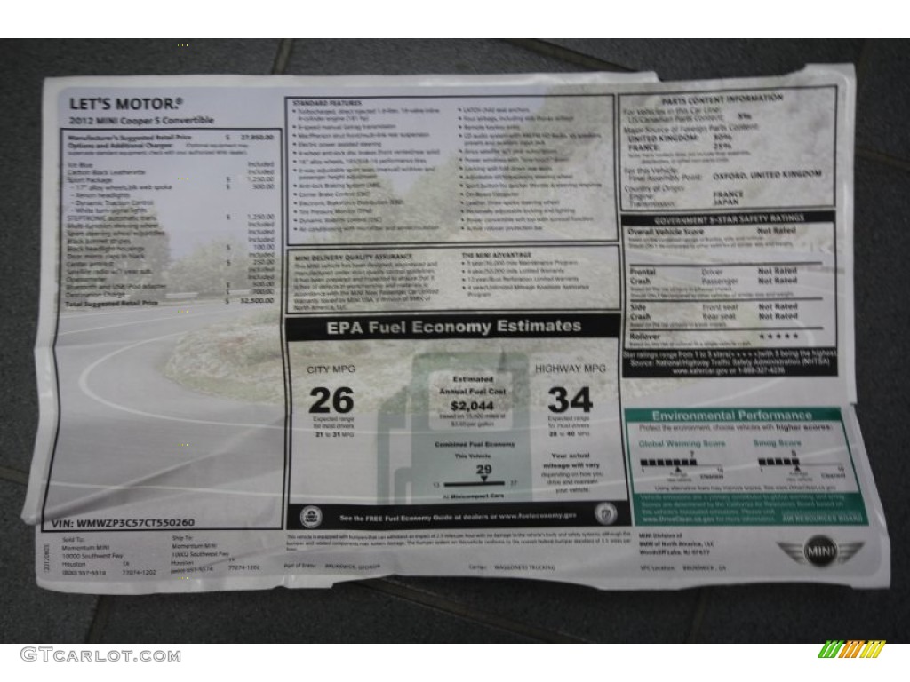 2012 Mini Cooper S Convertible Window Sticker Photo #66689180