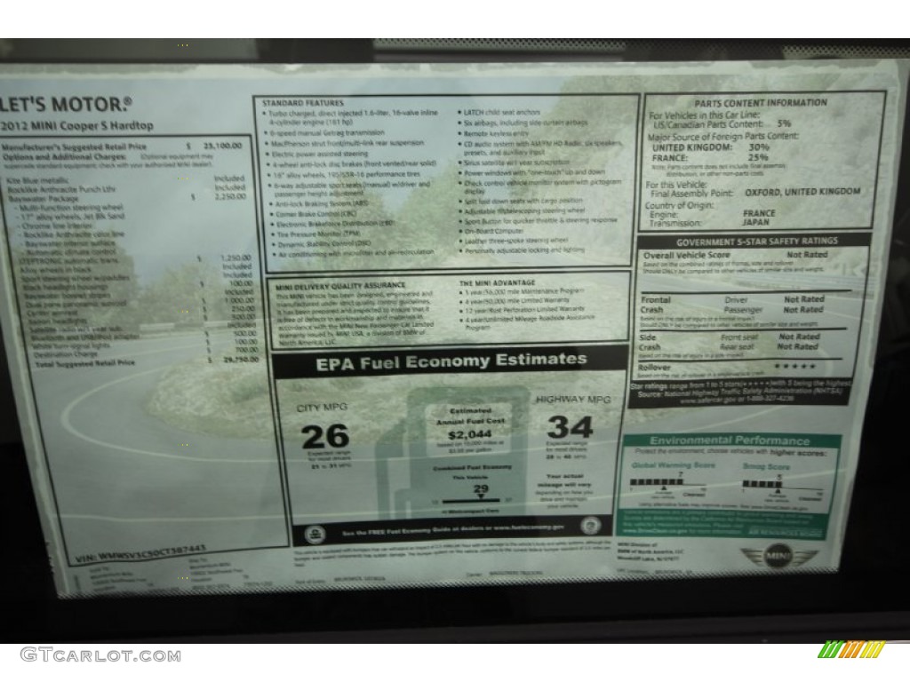 2012 Mini Cooper S Hardtop Bayswater Package Window Sticker Photo #66689393