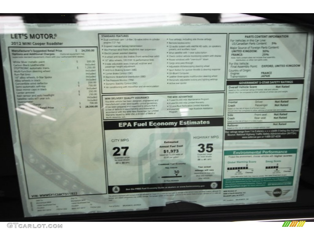 2012 Mini Cooper Roadster Window Sticker Photo #66689593