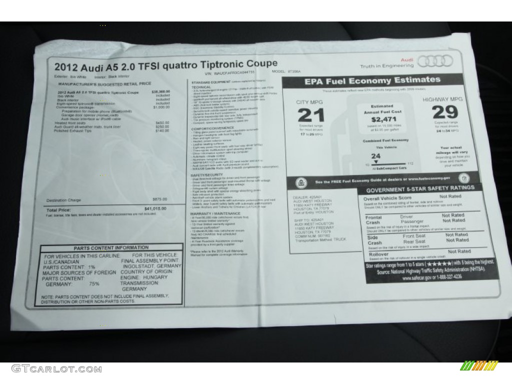 2012 Audi A5 2.0T quattro Coupe Window Sticker Photos