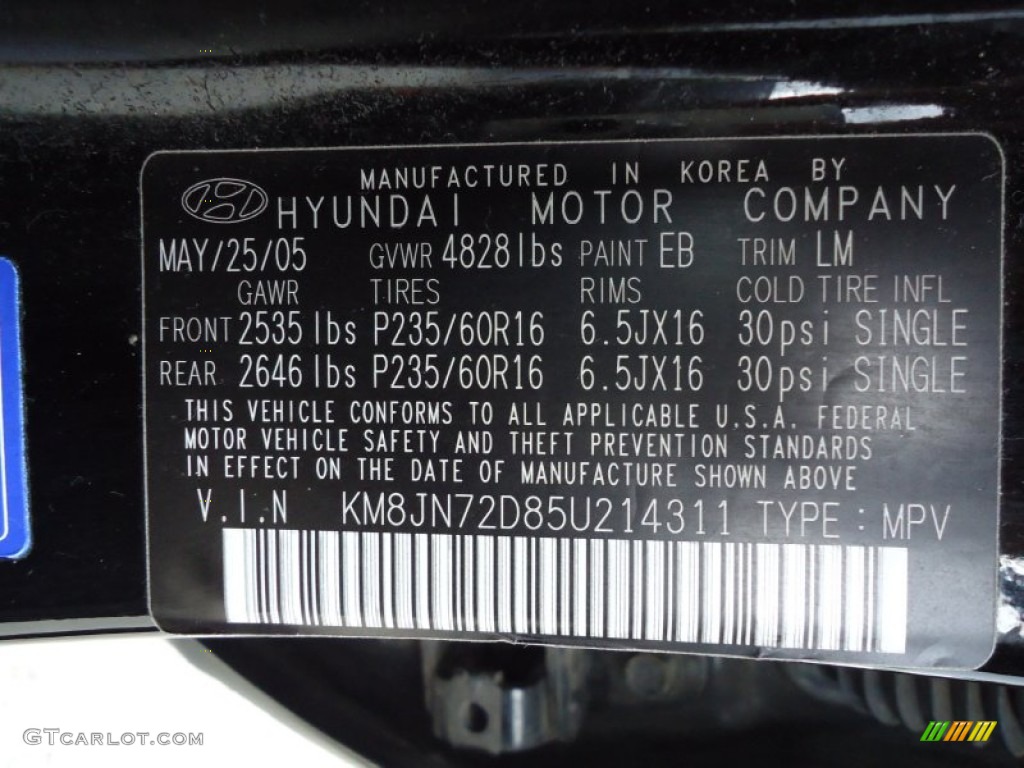 2005 Hyundai Tucson GLS V6 4WD Color Code Photos