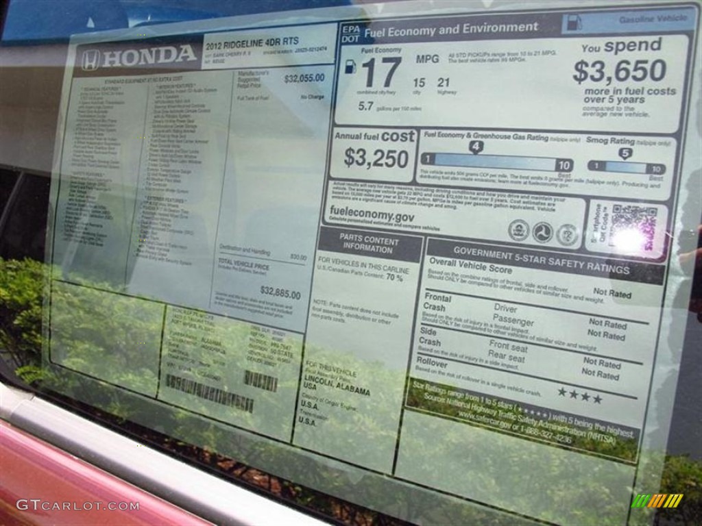 2012 Honda Ridgeline RTS Window Sticker Photo #66748794