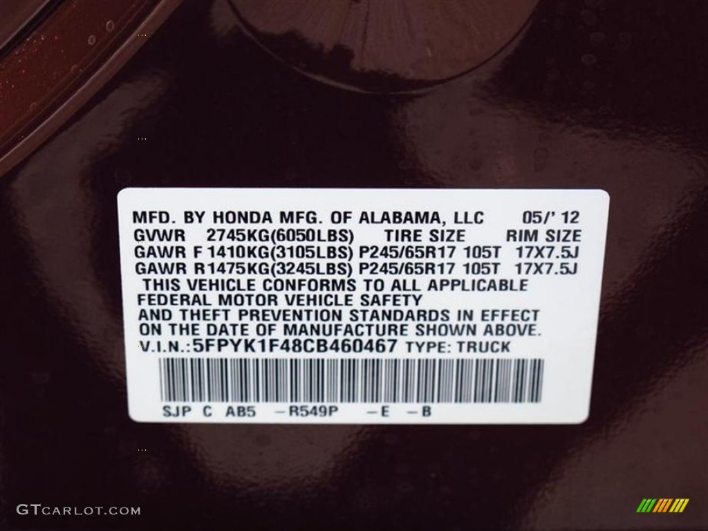 2012 Ridgeline Color Code R549P for Dark Cherry Pearl II Photo #66748804