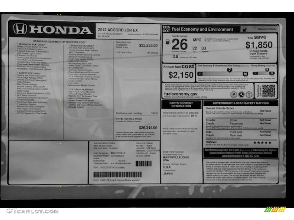 2012 Honda Accord EX Coupe Window Sticker Photo #66751948