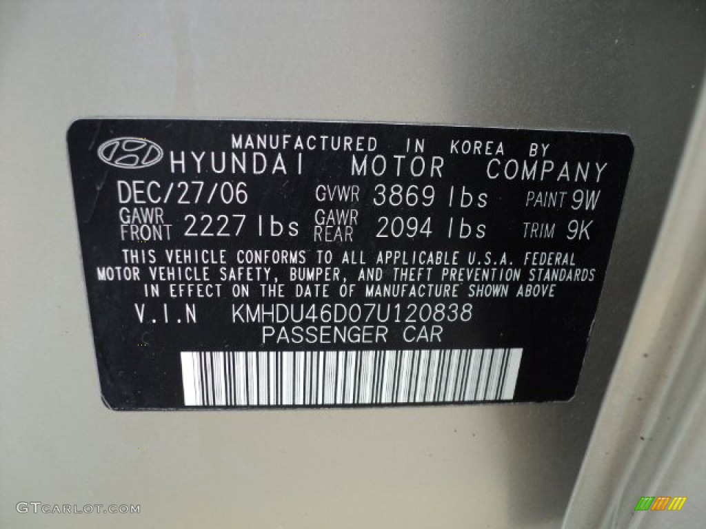 2007 Elantra Color Code 9W for Laguna Sand Beige Photo #66805417