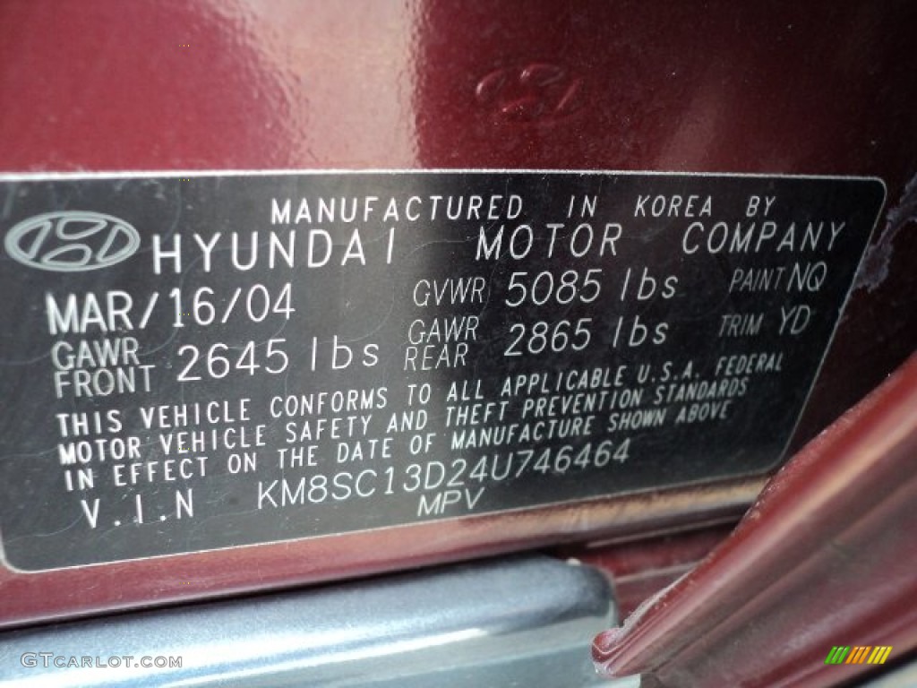 2004 Hyundai Santa Fe GLS Color Code Photos